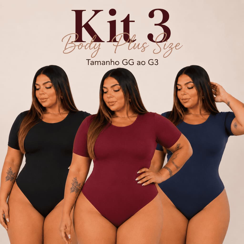 Kit 3 Body Feminino Manga Curta com Fecho Plus Size Curve