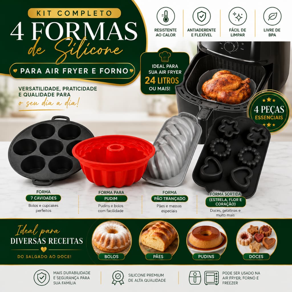 Formas de Silicone: Pudim, Pão Trançado, Estrela com Flores, 7 Cavidades para Air Fryer, Forno, Freezer e Lava-Louças