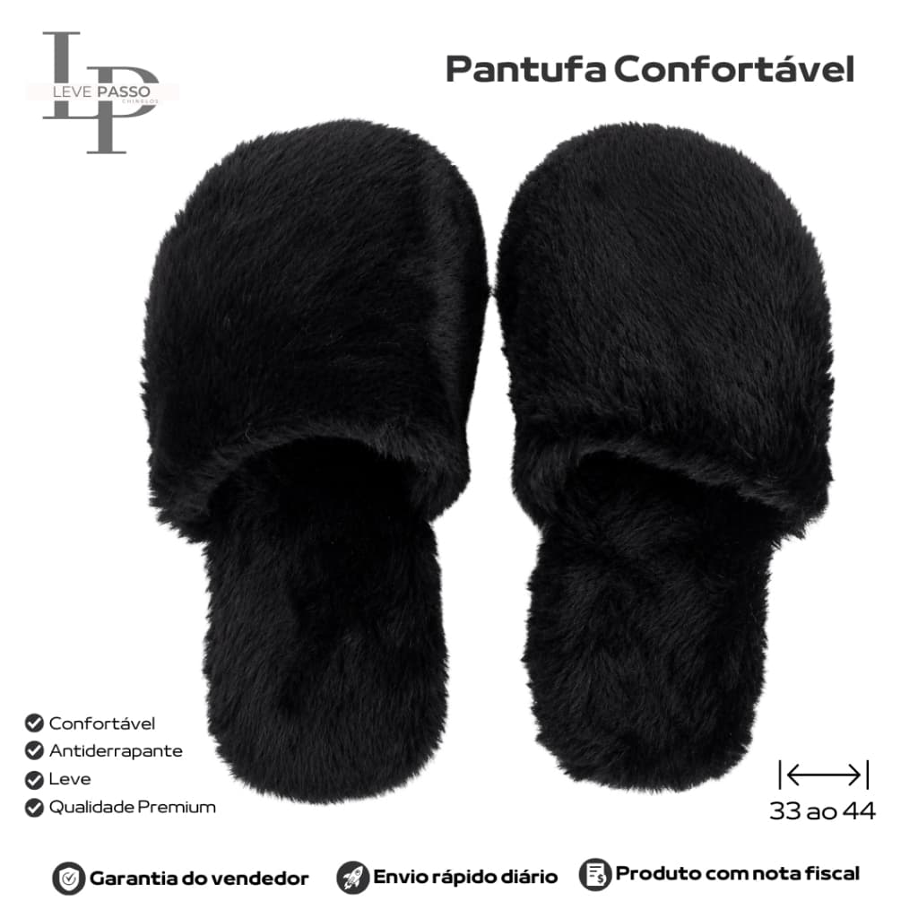 Pantufa Chinelo Pelúcia Preto Leve Passos Feminina Masculina Confortável Quentinha