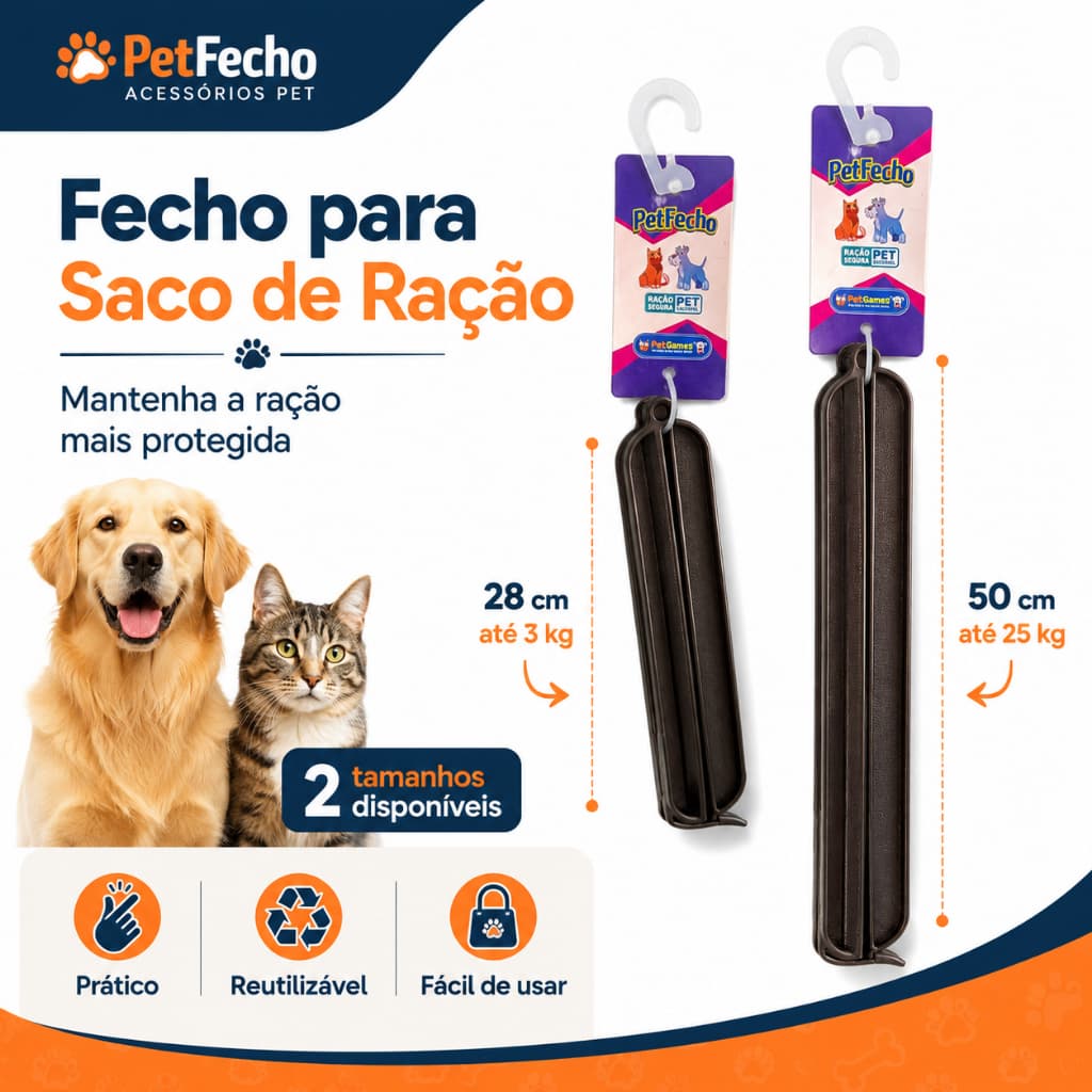 Fecho Para Saco de Ração Pet 28cm ou 50cm Veda Sacaria Cachorro Gato Clip Lacre Reutilizável