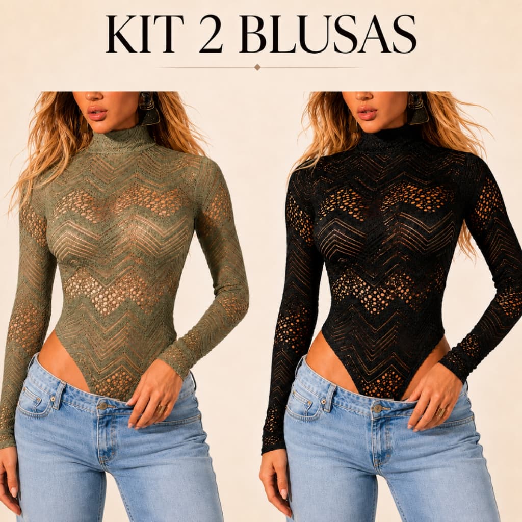 Kit 2 ou 1 Body Feminino Renda Gola Alta Manga Longa Poliamida Sensual Festa Moda Casual Elegante