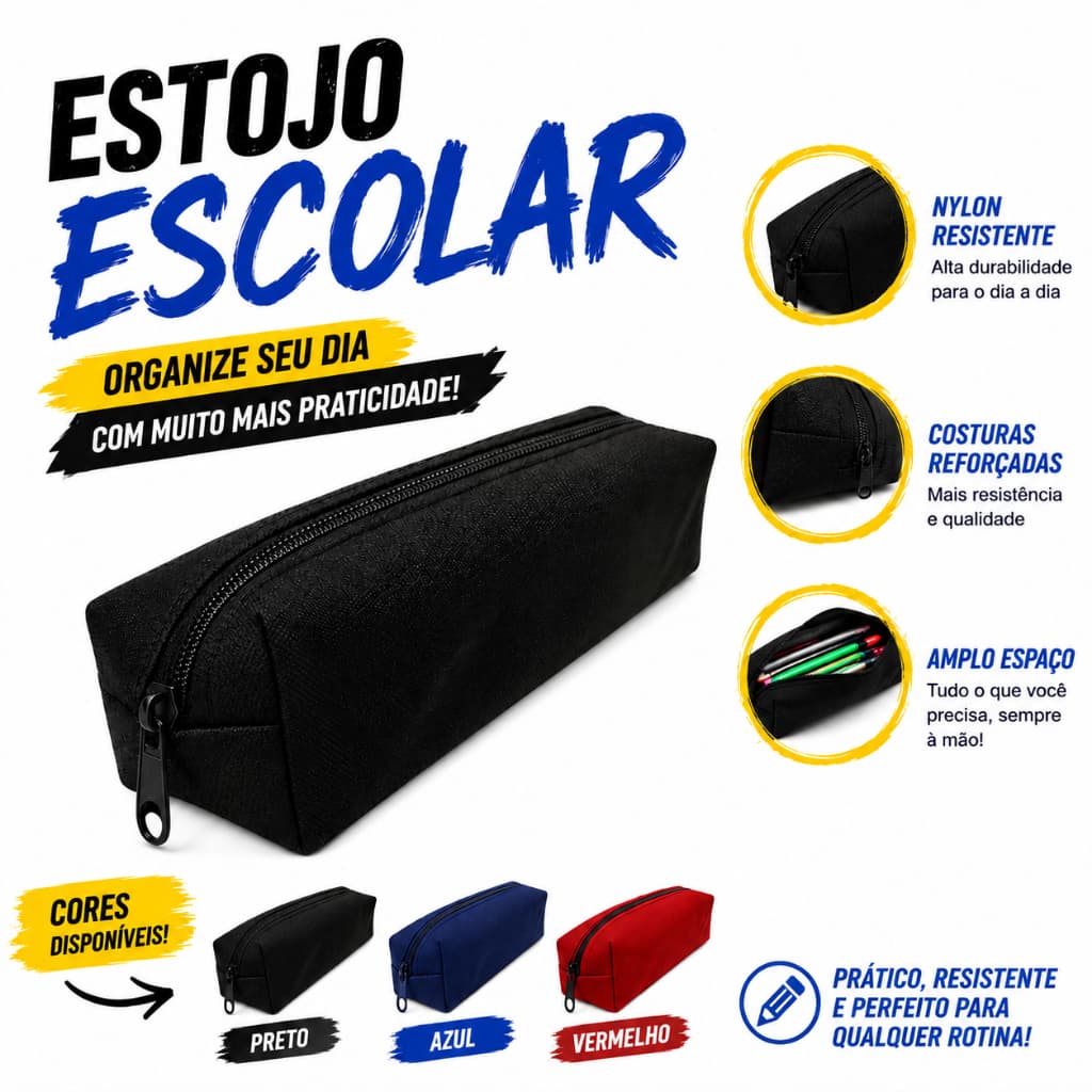 Estojo Escolar Universitário Nylon Resistente Zíper Forte
