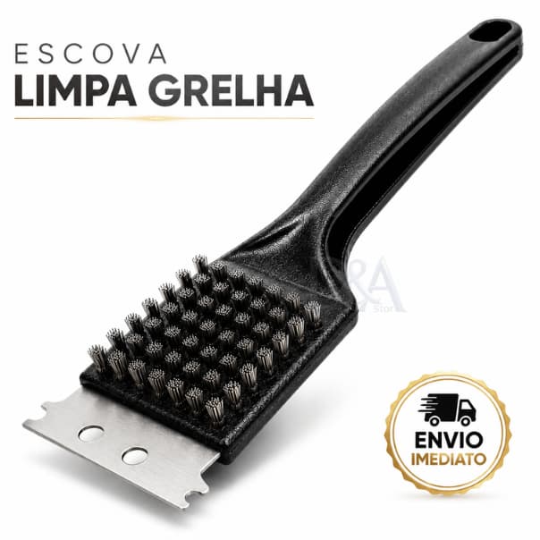 Escova Limpa Grelha Churrasqueira com Raspador Aço Inox e Cerdas de Aço Resistente