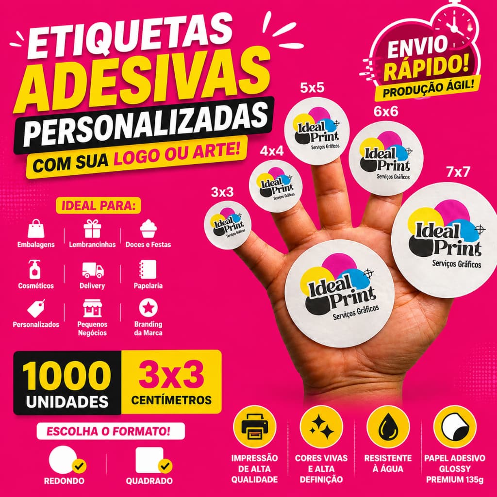 Etiquetas Adesivas Personalizadas 3x3 | Com Logo | 1000 Unidades | Envio Rápido