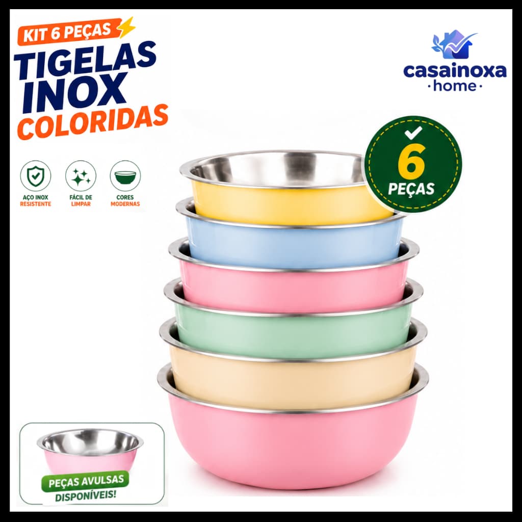 Kit Tigelas Aço Inoxidável 3 a 6 Peças Fundo Grosso Bowls Multiuso Saladeira Cozinha Premium