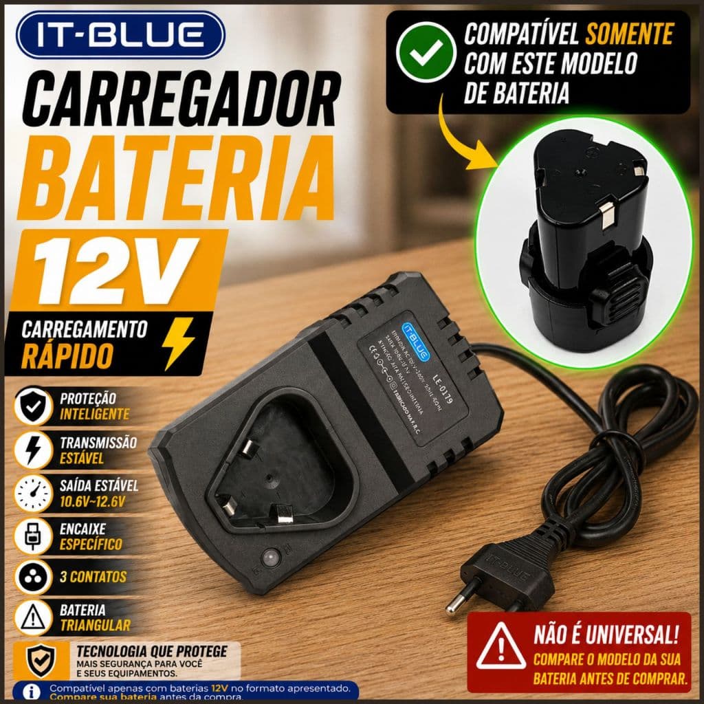 Carregador de Bateria 12V para Parafusadeira e Furadeira Bivolt com LED