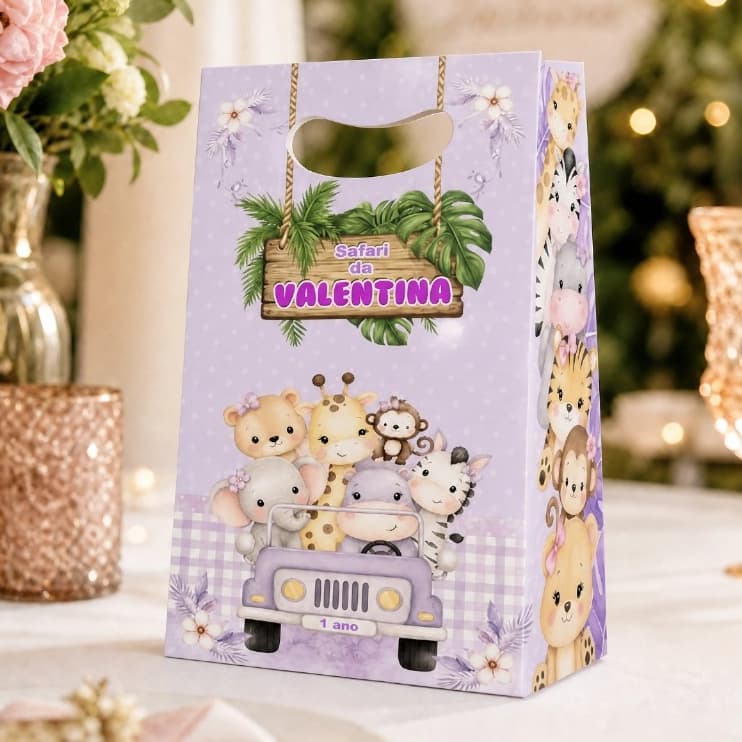 Sacolinhas Safari Baby Lilás Lembrancinhas Personalizadas Bichinho Selva rosa Sacolas Festa Infantil