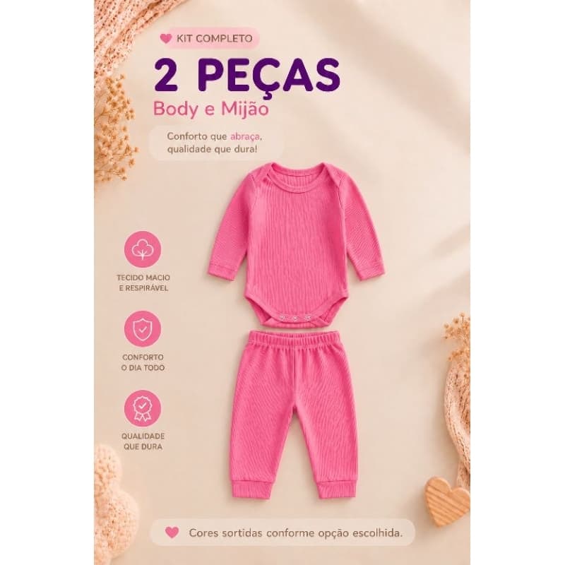 Kit 2 Peças Mijão E Body Manga Longa Liso Infantil Para Bebês