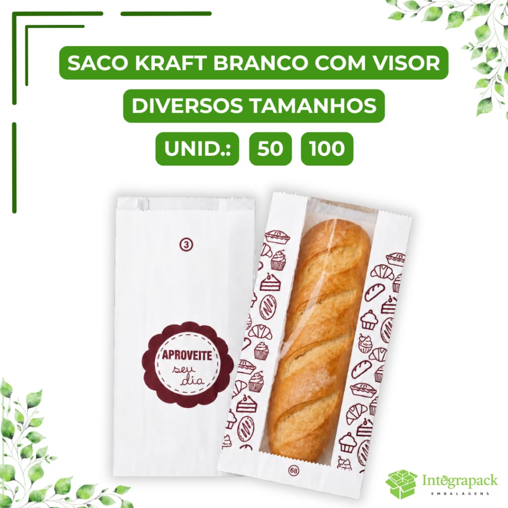 Saco Kraft Branco Estampado 50 e 100 unid Com Visor Transparente Pães Padaria Embalagem Alimentícia