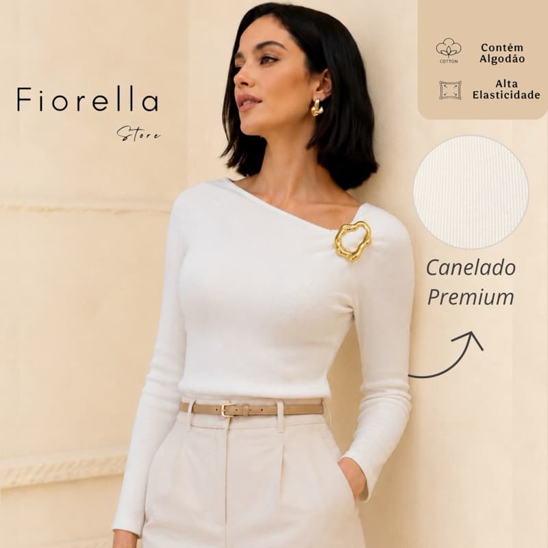 Blusa Feminina Manga Longa Canelada Assimétrica Com Fivela Dourada Elegante inverno