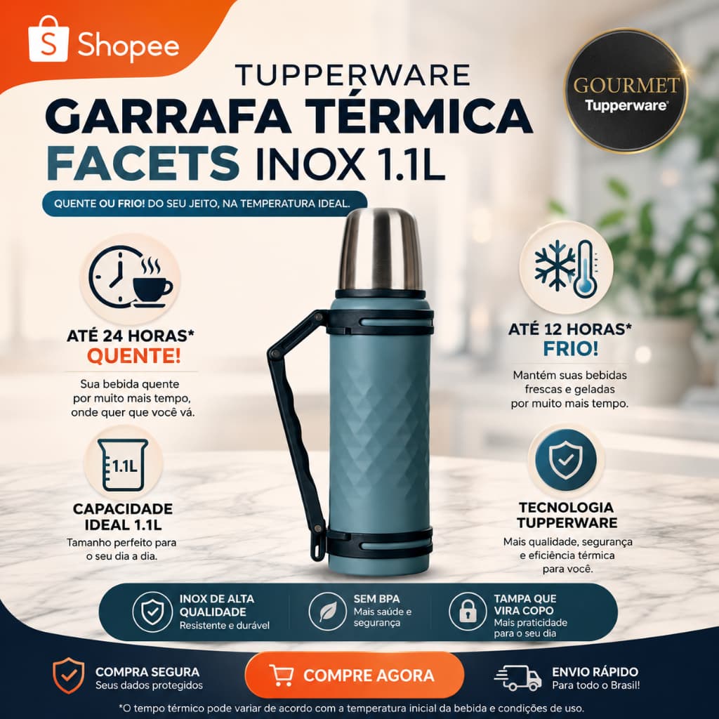 Tupperware Garrafa Térmica Facets Inox 1,1 Litros