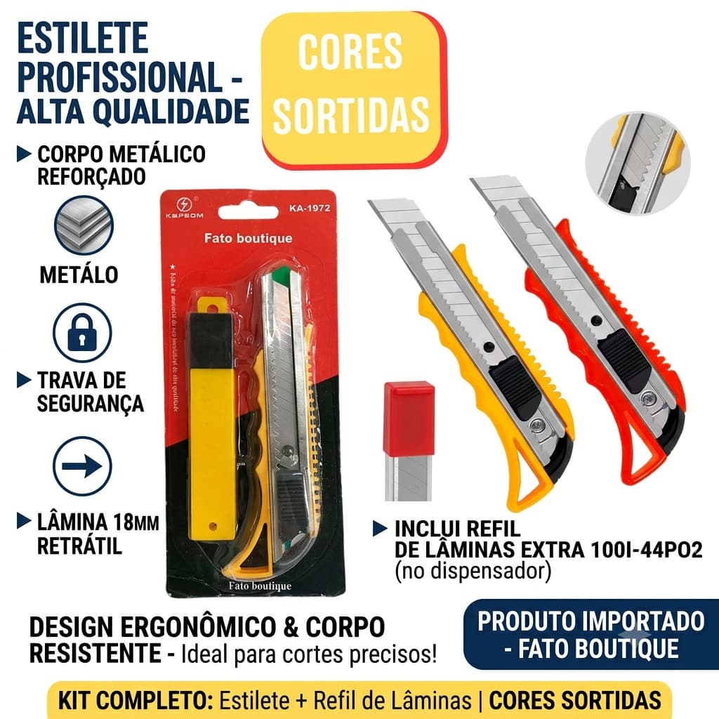 Estilete Profissional Retrátil 18mm com Lâmina Extra Refil Corpo Metálico Trava de Segurança