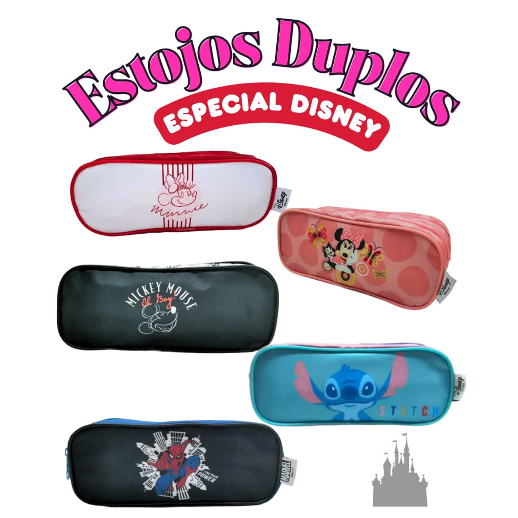 Estojo Box Escolar Duplo Com Zíper Personagens Disney e Marvel |Bolso Duplo|Mickey/Minnie/Stitch/Homem Aranha/Vingadores