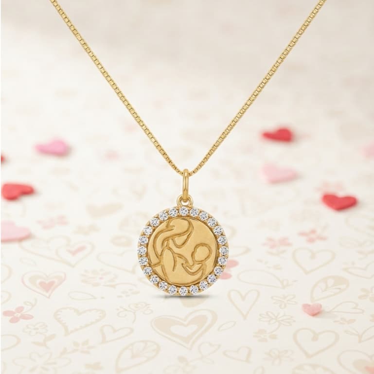 Colar Feminino Colo de Mãe Com Zircônias Banhado a  Ouro - Dia das Mães