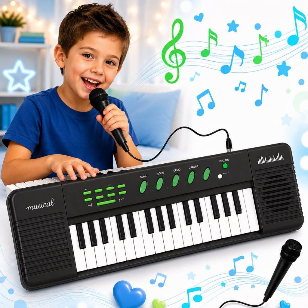 Piano Teclado Musical Infantil Microfone Educativo Karaoke Cor Preto