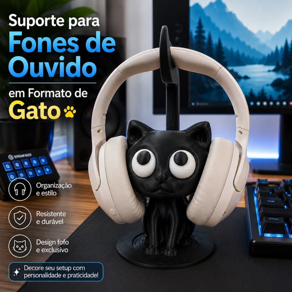 Suporte para Fones de Ouvido em Formato de Gato | Universal | Decorativo | Suporte de Mesa para Headset