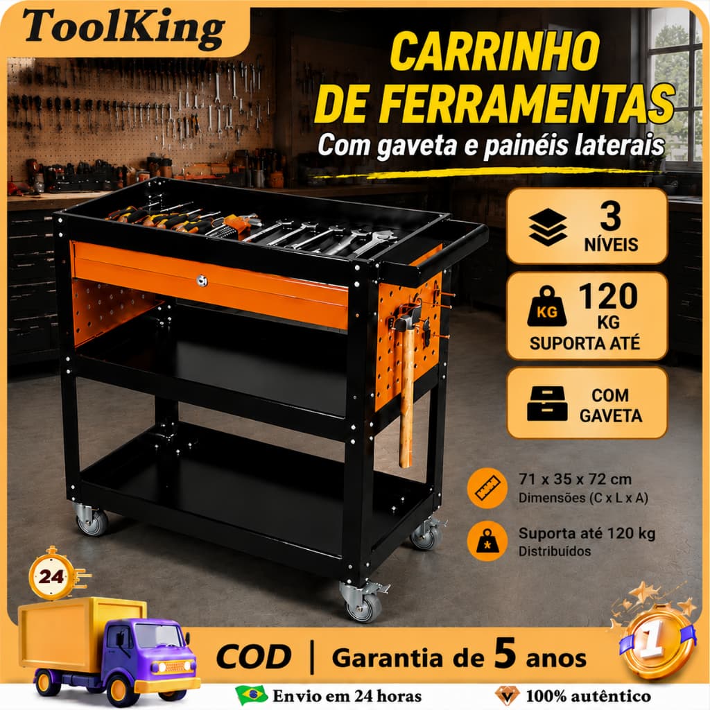 Carrinho Para Ferramentas 4 Rodas Suporta 120Kg Aço Carrinho para Ferramentas Profissional Gavetas Em Ambos Os Lados