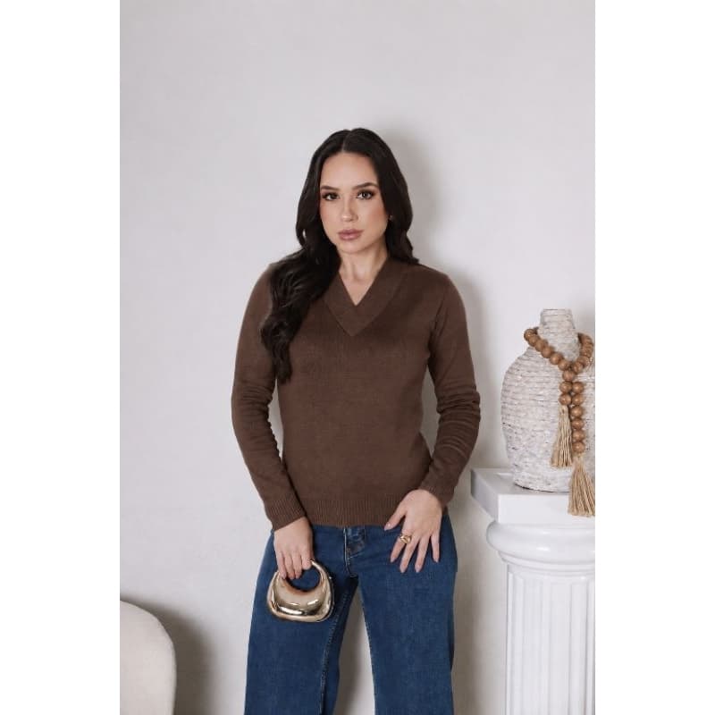 blusa tricô inverno gola v manga longa