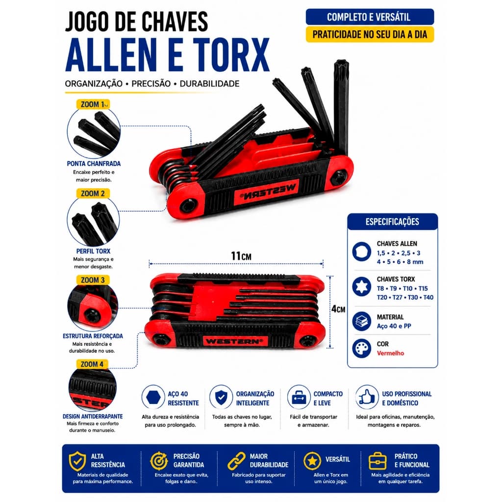 Jogo De Chave Allen / Torx Profissional De Aço Cromo Canivete Dobrável Resistente