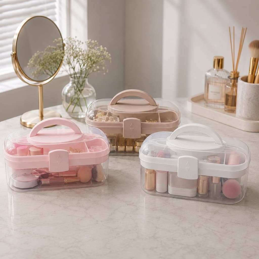 Maleta Organizadora de Maquiagem e Skincare com Divisórias Porta Cosméticos Transparente com Alça
