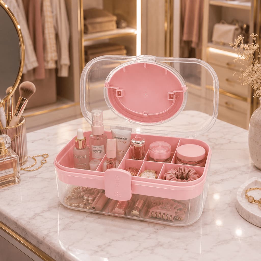 Maleta de Maquiagem Rosa Transparente Organizador Porta Cosméticos Pincéis com Bandeja