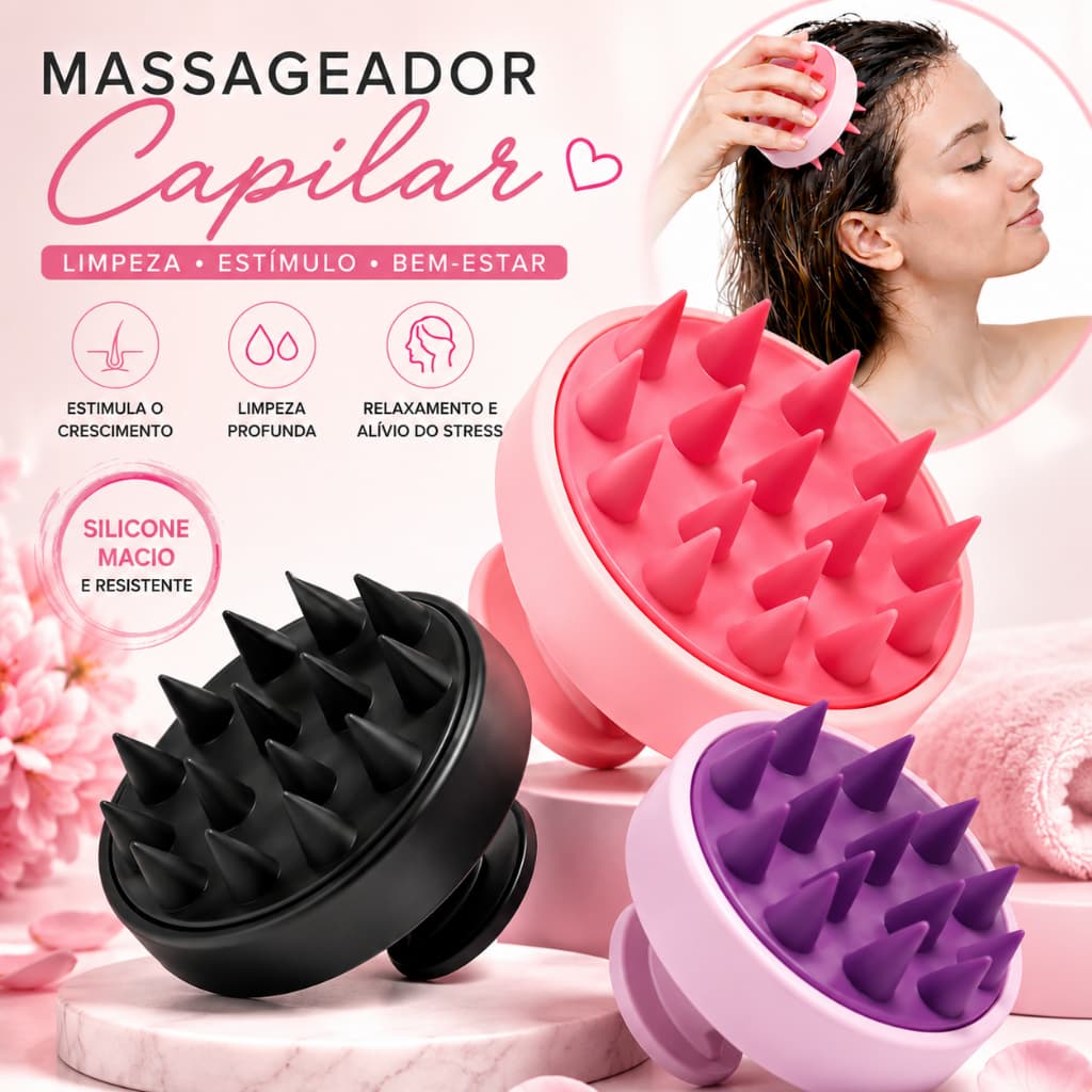 Massageador Capilar de Silicone – Escova para Lavar Cabelo e Couro Cabeludo