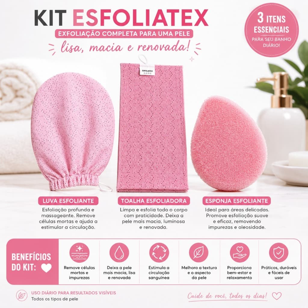 EsfoliaTex Kit Toalha Esfoliante C/ Luva E Duas Esponjas Japonesa Rosa para Uso Corporal Remove Células Mortas e Estimul