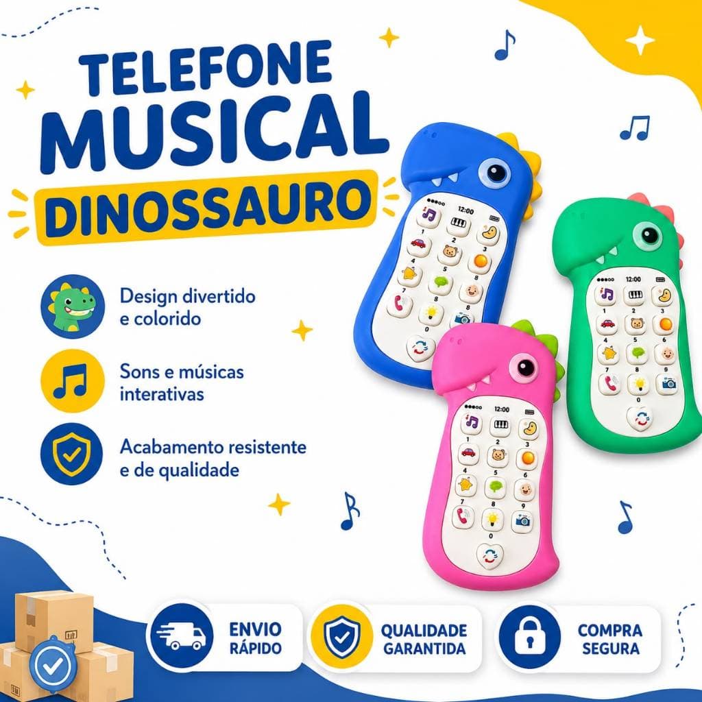 Telefone Infantil Musical Dinossauro Interativo Brinquedo Educativo Sensorial com Luz Som Celular Infantil Bebê Crianças
