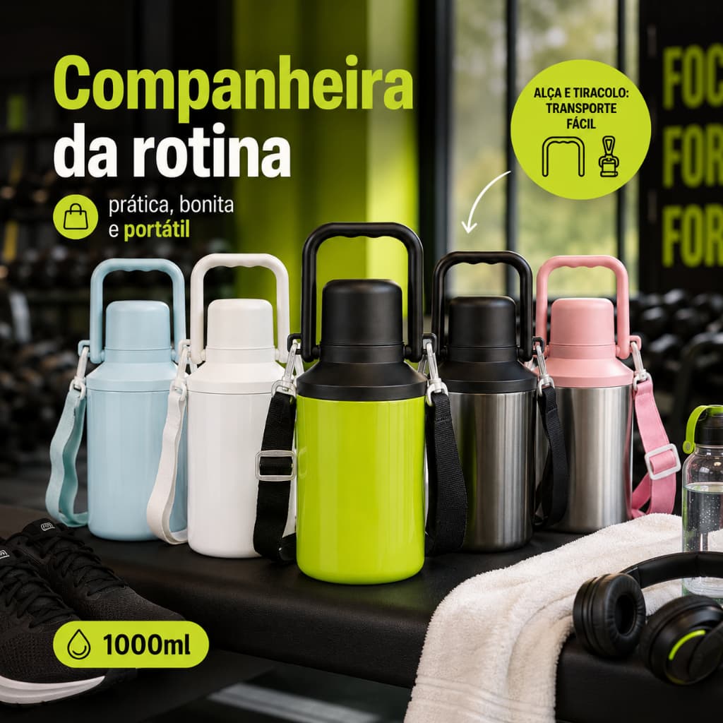 Garrafa Térmica 1l Inox Com Alça Tiracolo Camping Viagem