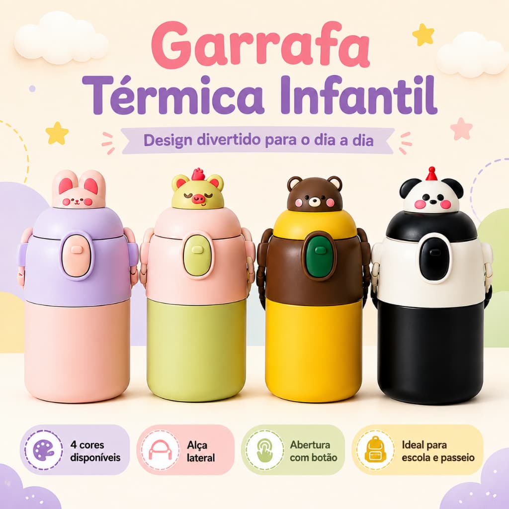 Copo Térmico Infantil 680ml Aço Inox 316 Com Alça Canudo E Tampa Antivazamento