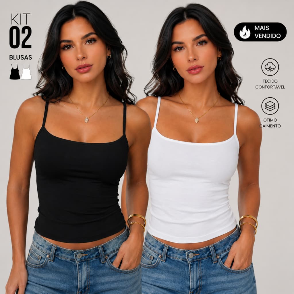 kit 2 Blusinha de Alcinha Feminina Básica Suplex Justa Moda Verão que sustenta sem sutiã e modela o corpo