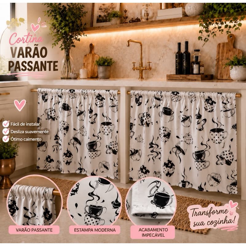 Cortina Pia Cozinha Passante 1,40m Largura x 0,80cm Altura – 1 Parte Charmosa