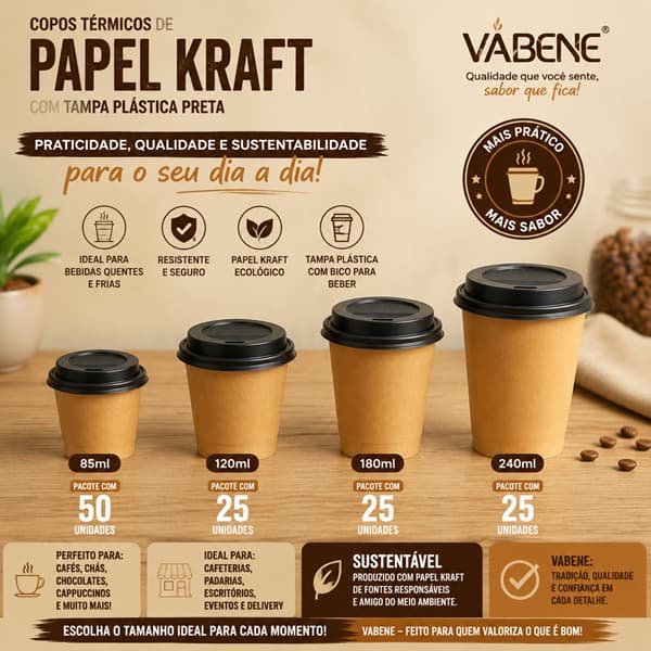 Kit Copos Térmicos de Papel Kraft + Tampas Plásticas Pretas Vabene | Descartáveis