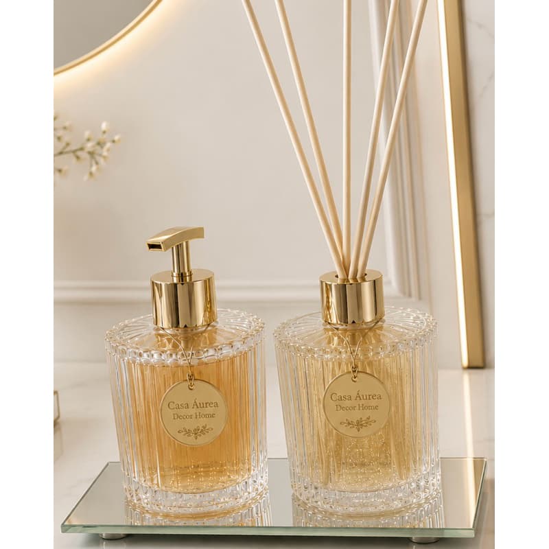 Kit Banheiro e Lavabo Difusor Aroma Varetas com Porta Sabonetes 200 ml- Decoração Casa com Bandeja Luxo - Presente