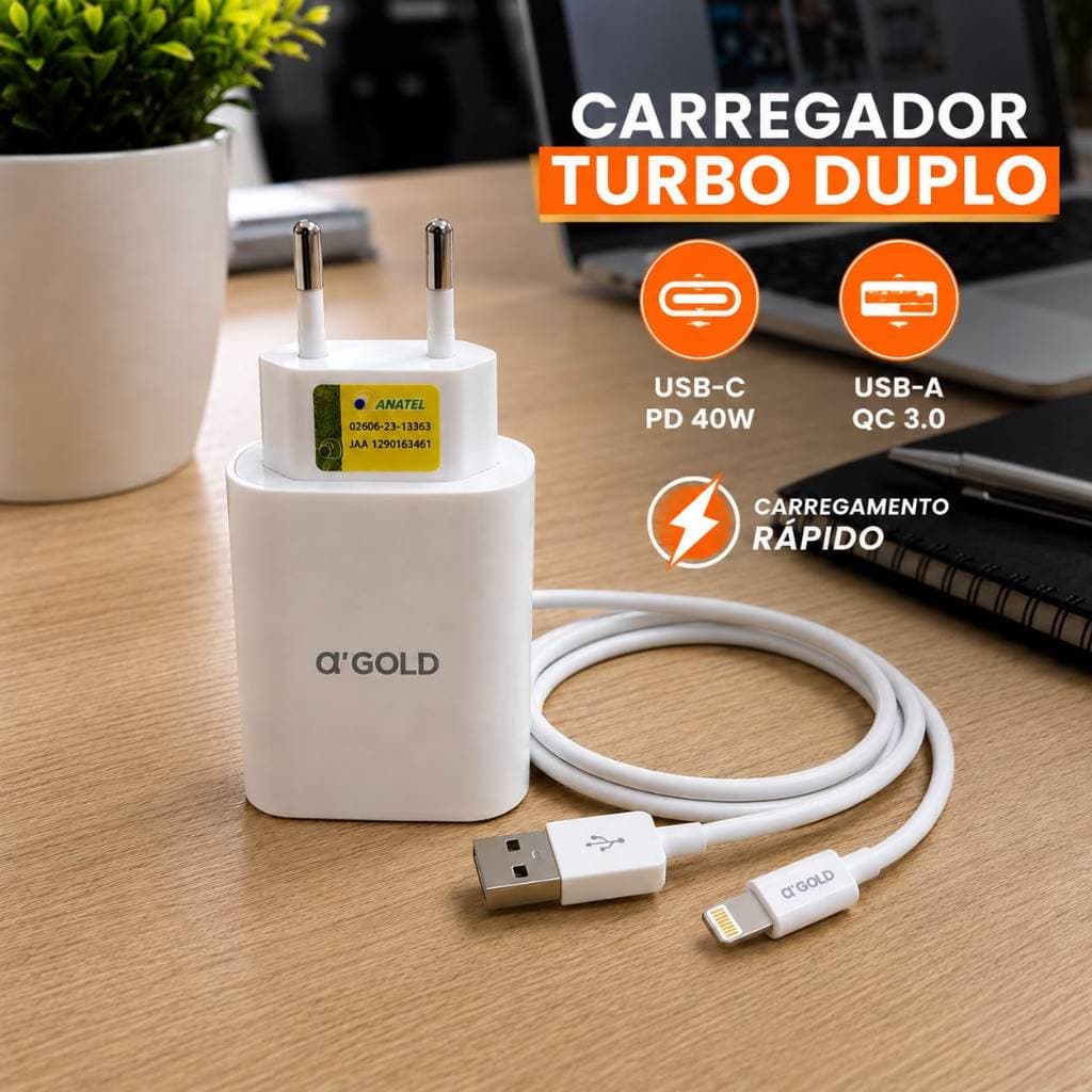 Carregador Turbo 40w PD USB-C QC 3.0 Cabo Lightning 1m iPhone 8 ao 16 Pro Max Samsung Xiaomi