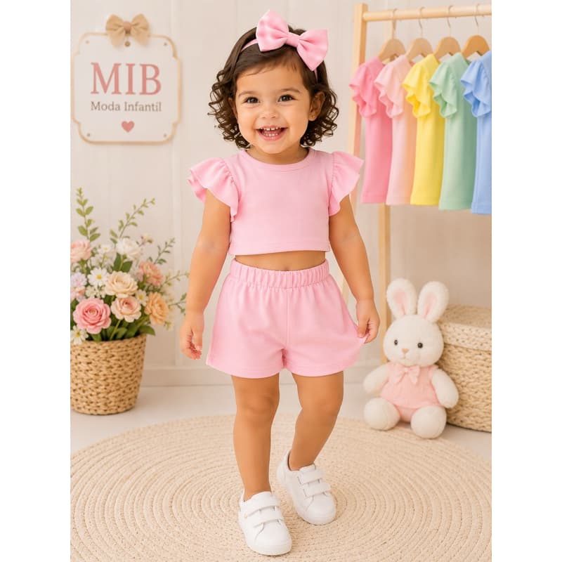 Blusa fluflu + short + laço de cabelo