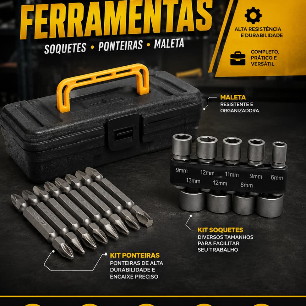 Kit Com 9 Soquetes 5 A 13mm + Kit 10 Ponteiras Maleta Mala Parafusadeira Bits Ponteira Fenda Philips Canhão Jogo
