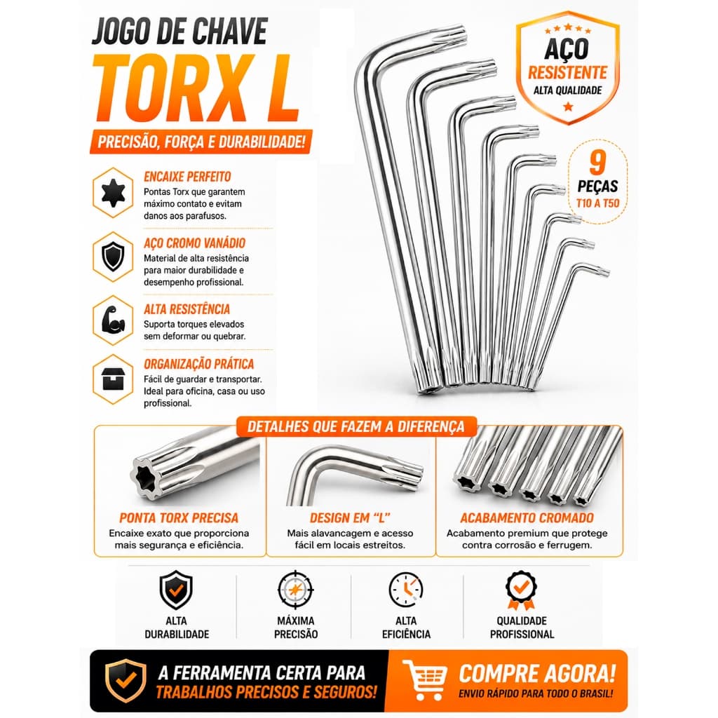 Jogo Chave Torx Tipo L Com 9 Peças T10 A T50 C/Furo Aço Cromo Vanádio Resistente