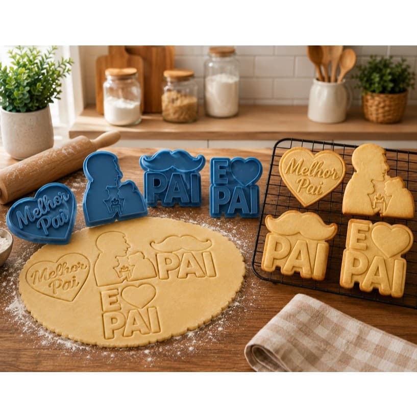 Kit Cortadores de Biscoito Dia dos Pais 4 Modelos | Impressão 3D PLA | Carimbo + Cortador | Melhor Pai | Eu ❤️ Pai | Big