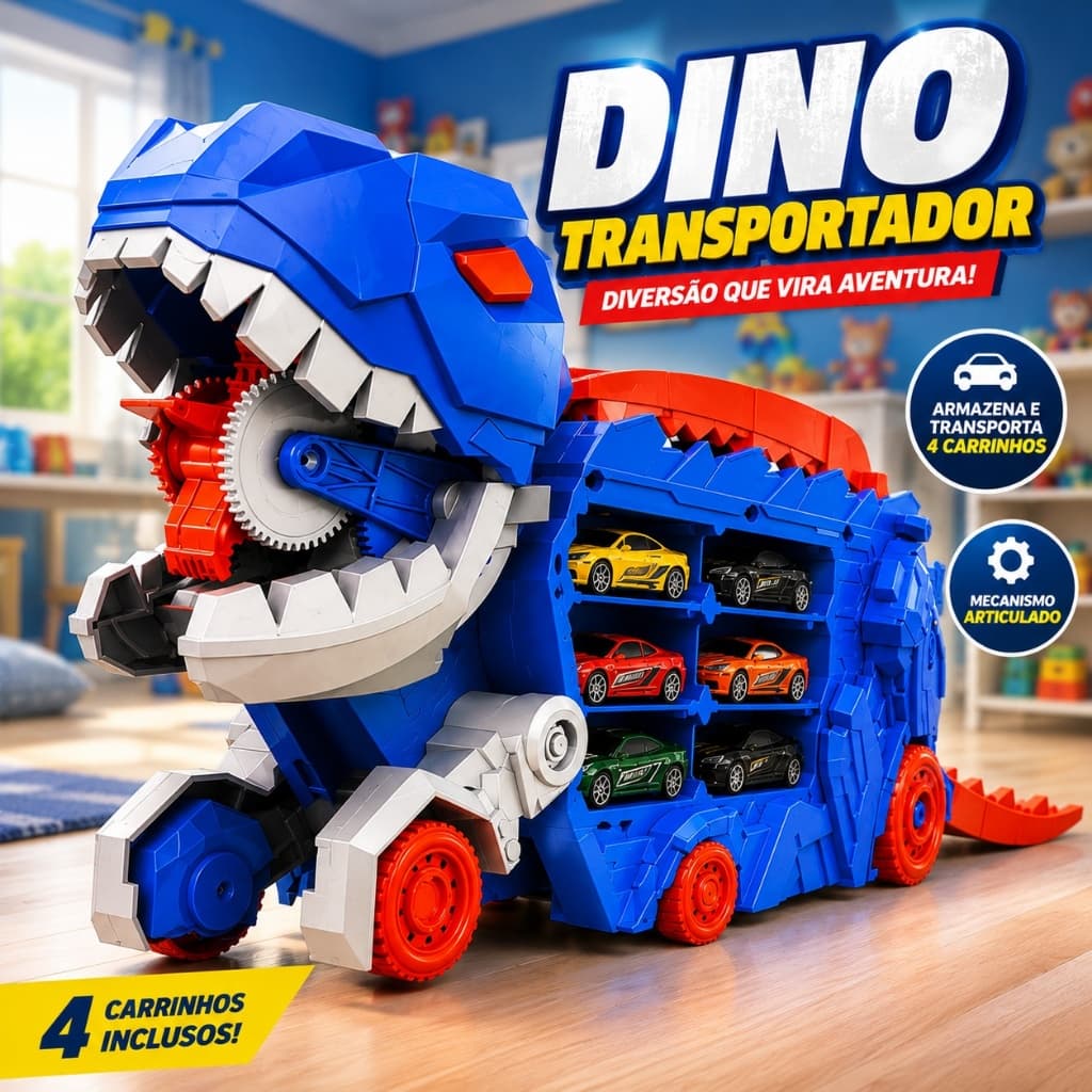 Novo 2026 Caminhão Dinossauro engolidor e Porta-carrinhos com 4 Carrinhos de Fricção Brinquedo
