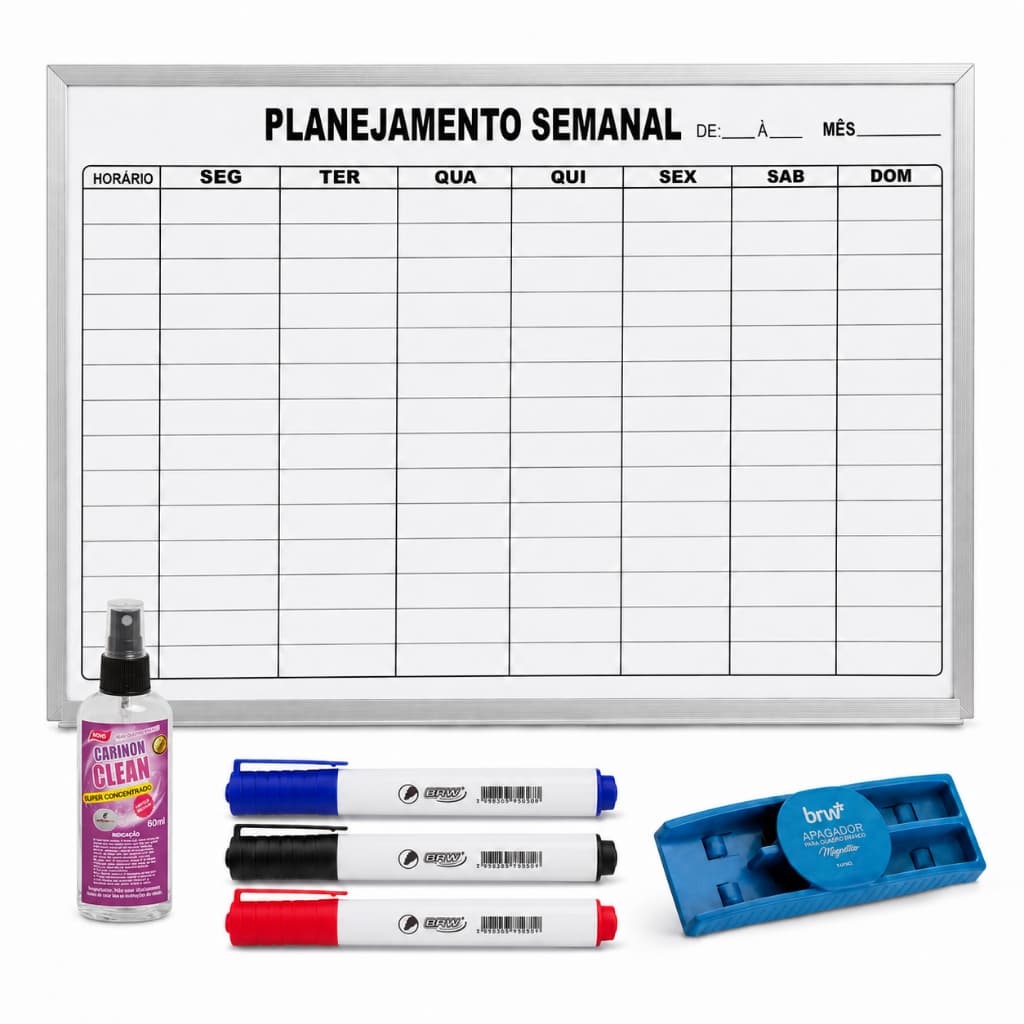 Quadro Branco Planejamento Semanal Alumínio 90x60cm Com Apagador 3 Marcadores Cortiarte E Limpador Kit Completo