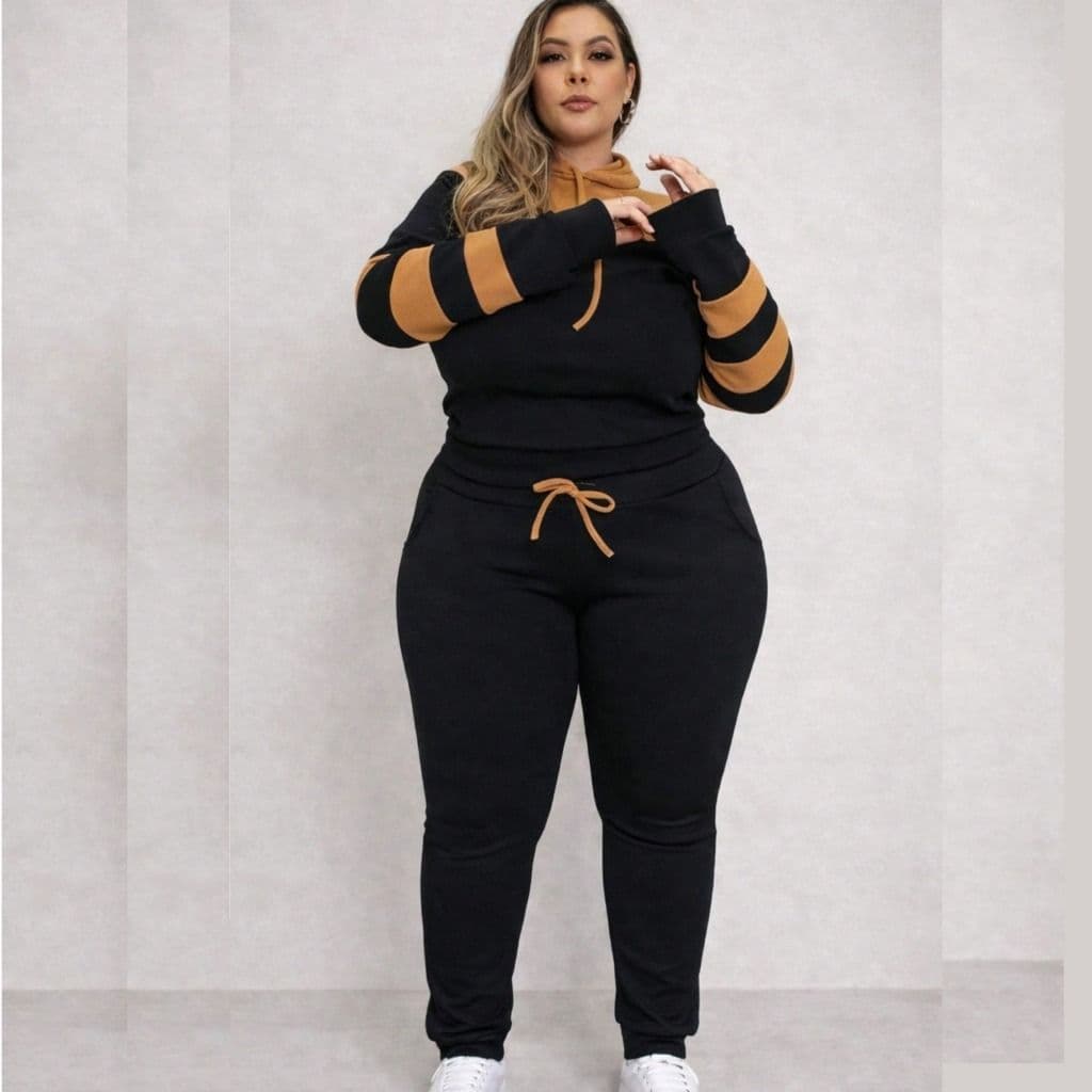 Conjunto Feminino Manga Comprida Capuz E Listra Plus Size