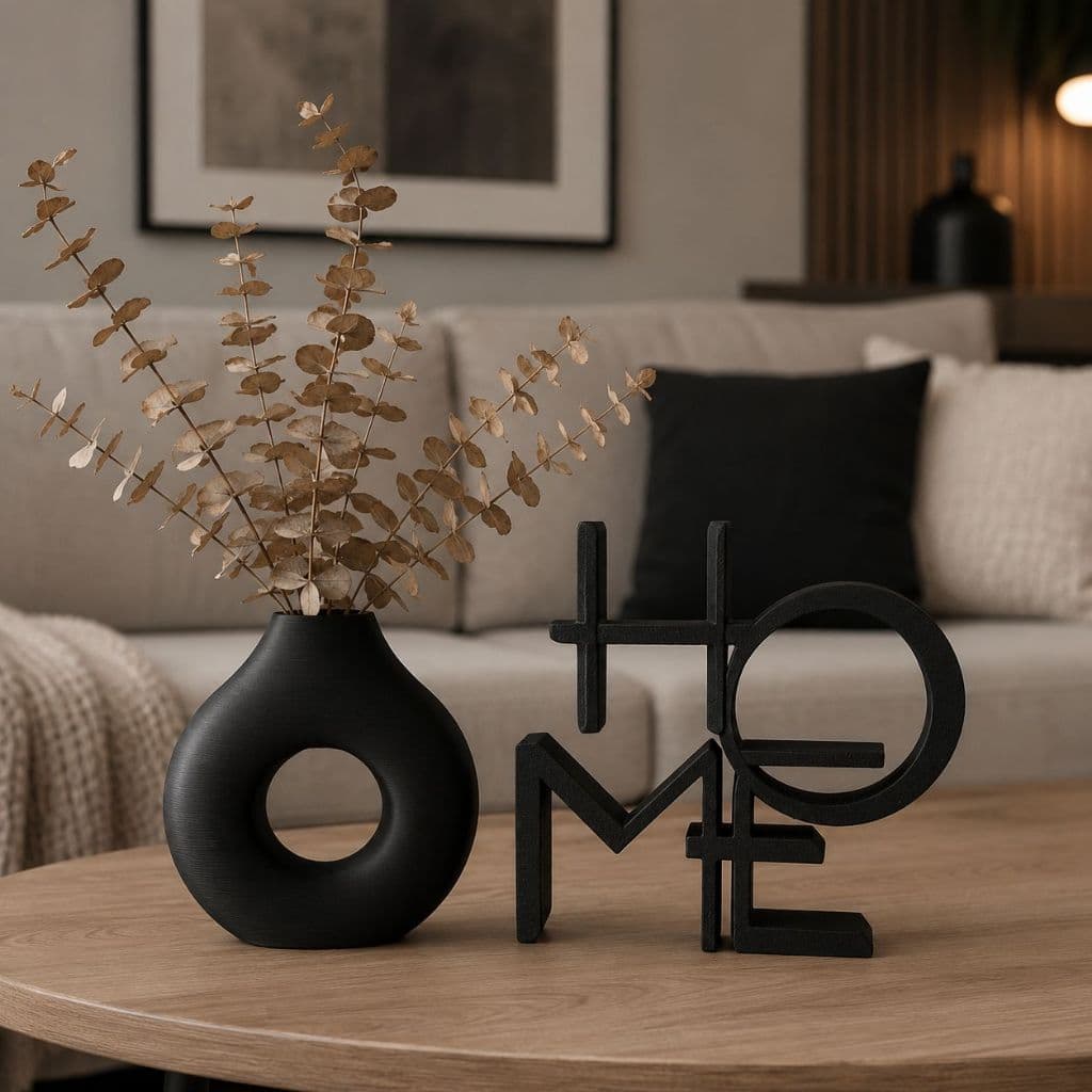 Kit Decoração Sala com Letreiro HOME e Vaso Decorativo Moderno