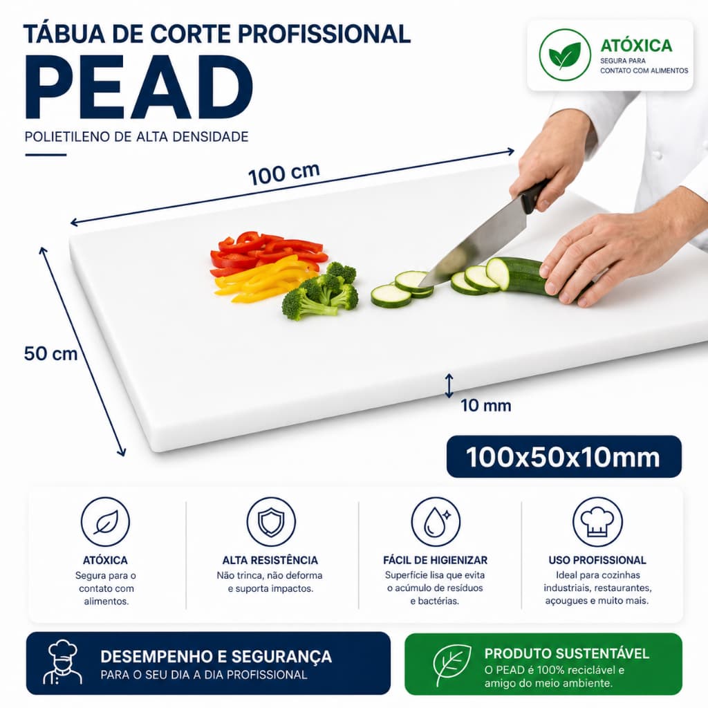 Tábua de Corte PEAD 50x50cm 10mm Profissional Atóxica para Alimentos