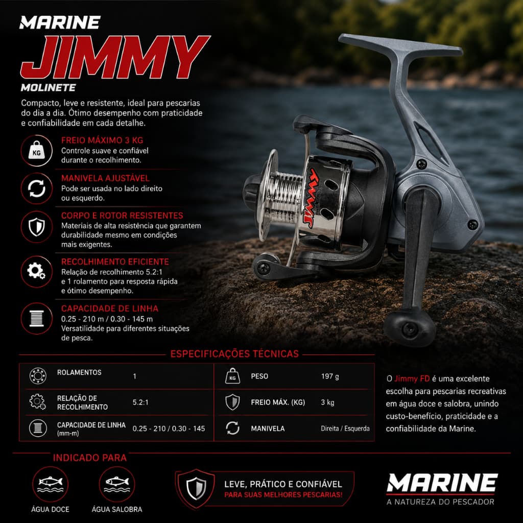 EQUIPAMENTO DE PESCA MOLINETE JIMMY GREY FD 1ROL 5.2:1 C/ LINHA - MARINE