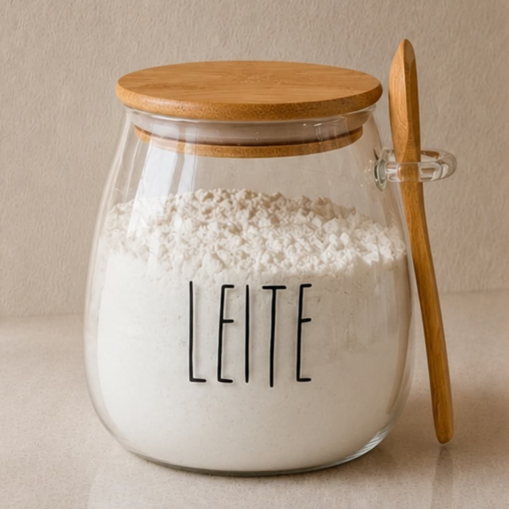 Pote hermético de vidro Bojudo Leite em Pó c/ tampa e colher de bambu 650ml