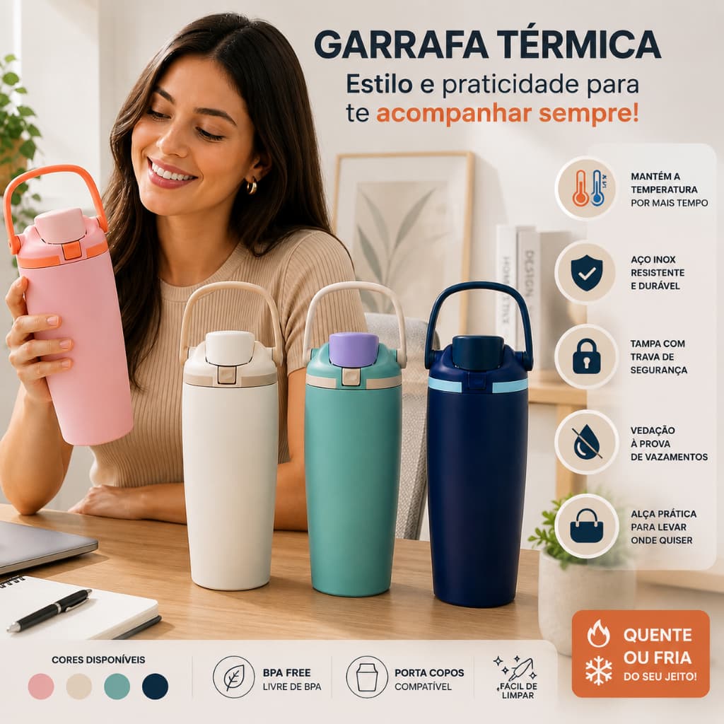 Garrafa Térmica Inox 900ml  | Tampa Flip Antivazamento | Alça para Transporte | Quente e Frio