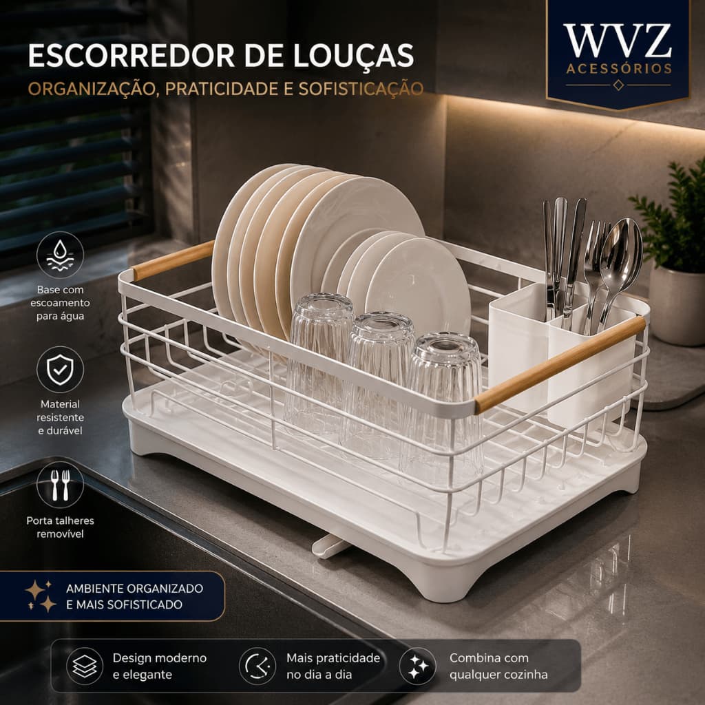 Escorredor De Louças Com Base Coletora TOP RIO Porta Talheres Metal Madeira Branco 42x30x15cm