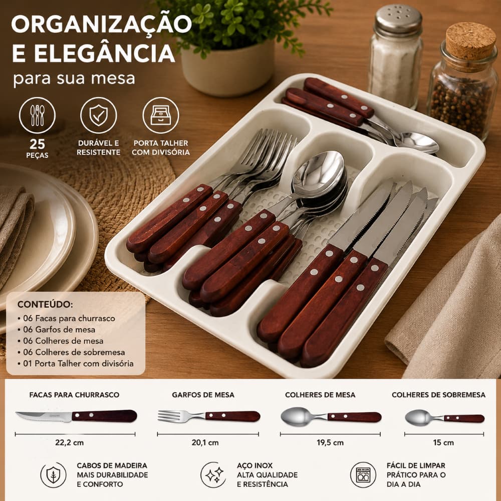 Jogo Talher Faqueiro Madeira Completo Organizador Porta Talher Divisoria