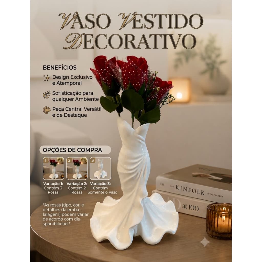 Vaso Decorativo Formato Vestido Elegante com Rosas  Vaso Mesa Vestido Noiva Luxo Centro Mesa Vaso Silhueta Rosas